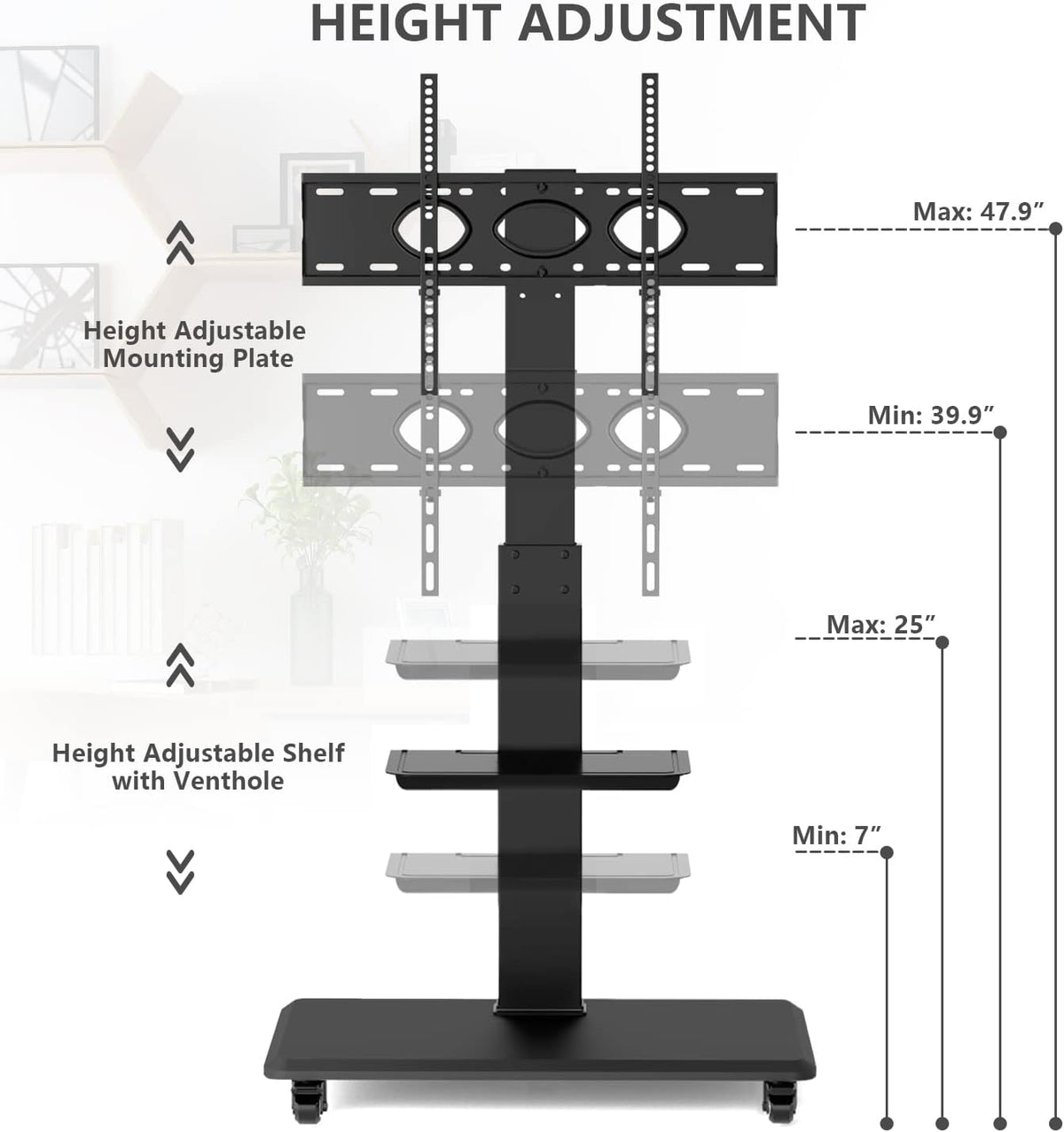 Rolling TV Stand with Wheels and Swivel Mount for 37 inch-70 inch LCD LED Flat Panel Screen TV, Portable Mobile TV Cart with Shelf, Height Adjustable, Max VESA 600x400mm G74951