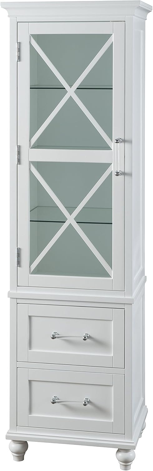 White Linen Tower Tall Narrow Storage Cabinet with 1 Door 3 Glass Tempered Shelves and 2 Drawers G460091