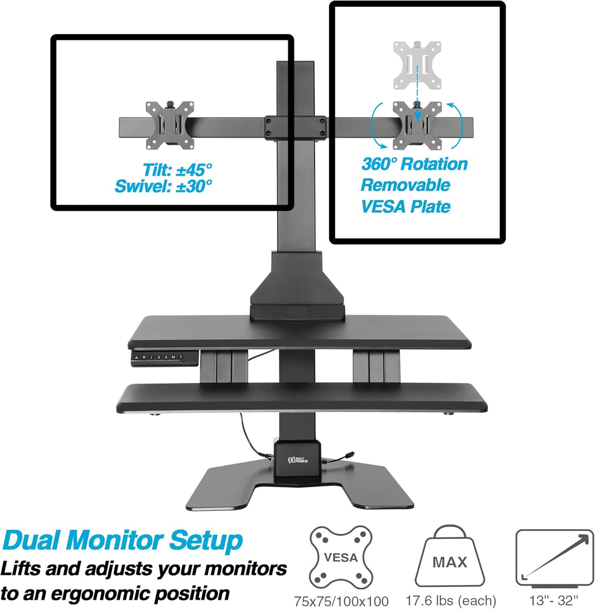 Dual 32" Monitor Electric Standing Desk with Keyboard Tray Extra Large 28"x 16" Tabletop Motorized Height Adjustable Sit to Stand Table A8964