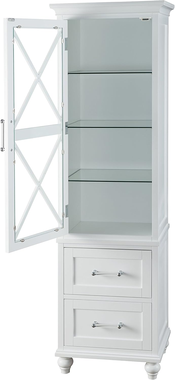 White Linen Tower Tall Narrow Storage Cabinet with 1 Door 3 Glass Tempered Shelves and 2 Drawers G460091