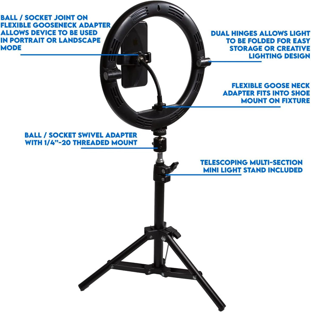 10 Compact Foldable Dimmable LED Video Ring Light Kit with Phone Holder and Light Stand L59670