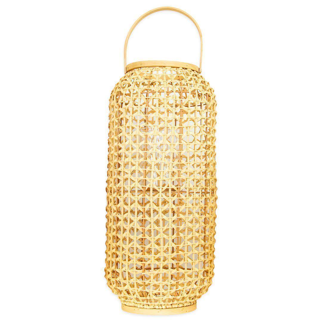 Rattan Candle Lantern with Handle Natural Bamboo and Glass Shade, 23 inch H x 10.5 inch W P197191