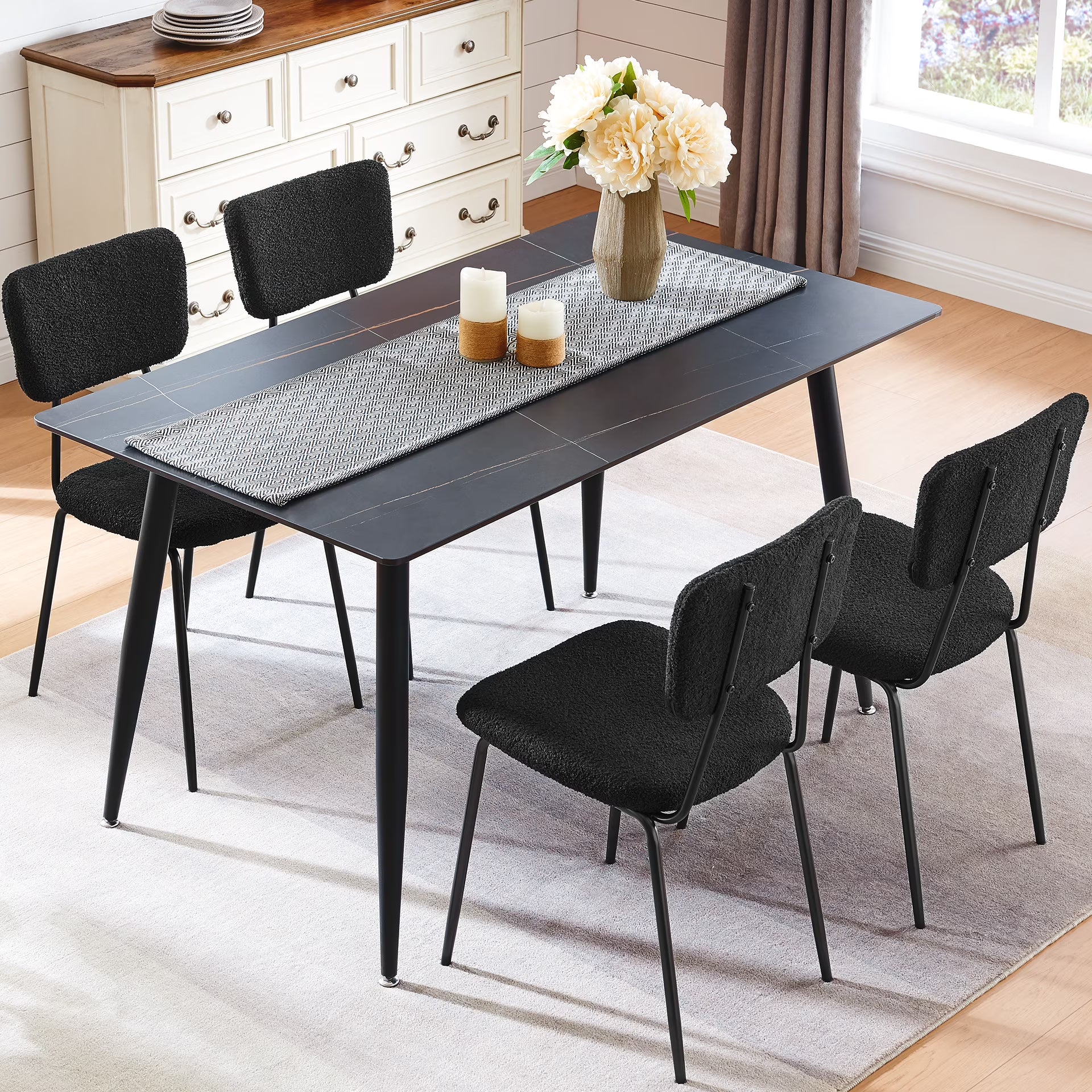 Black Boucle Dining Chairs Set of 4 with Metal Legs J9061