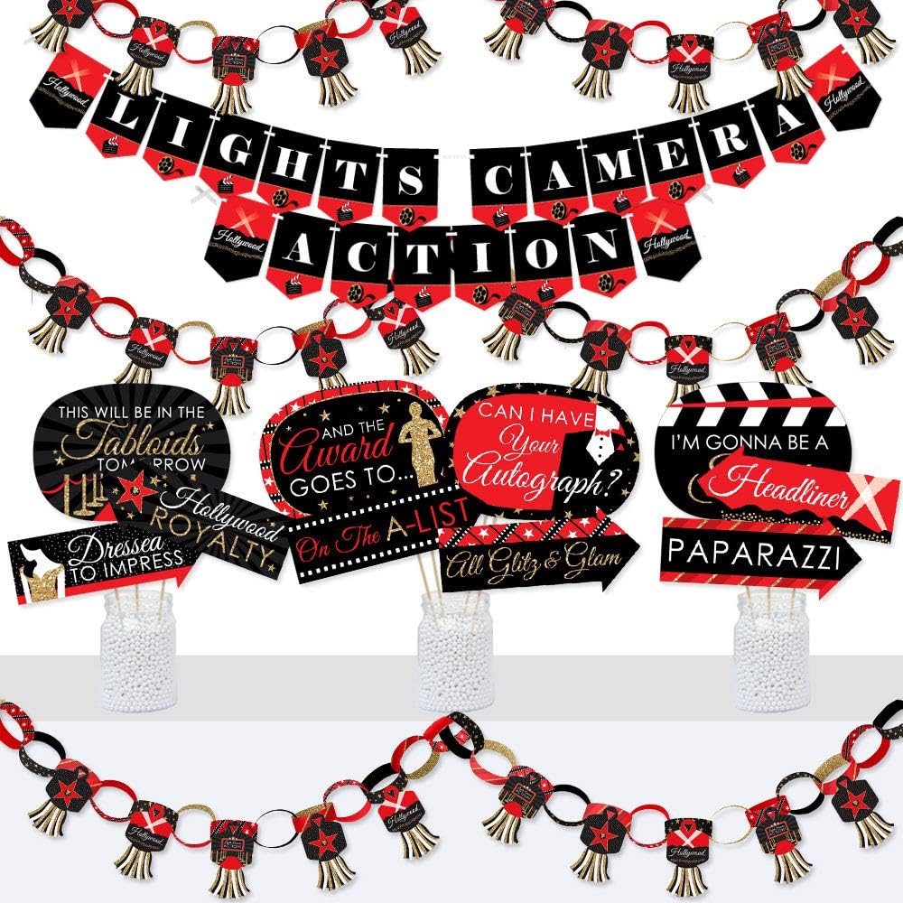 Red Carpet Hollywood Banner and Photo Booth Decorations Party Supplies Kit P92424