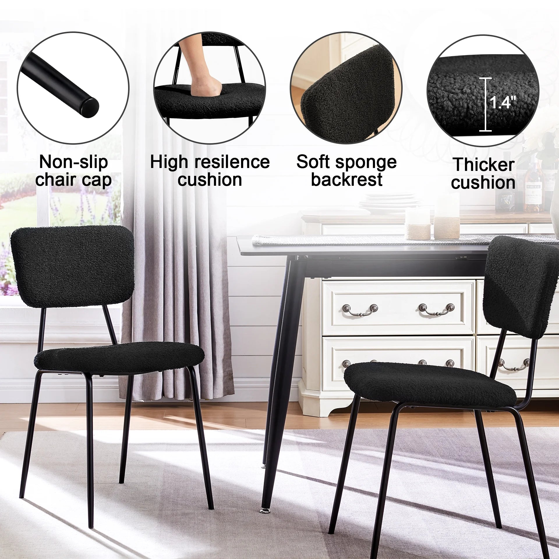 Black Boucle Dining Chairs Set of 4 with Metal Legs J9061