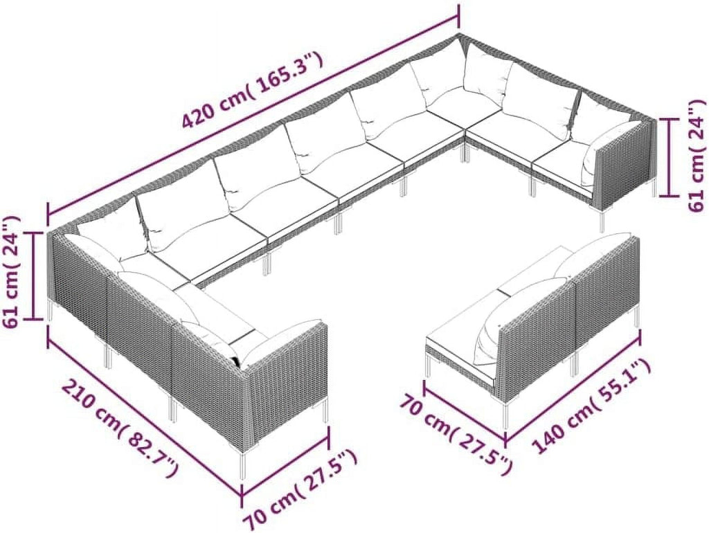12 Piece Poly Rattan Patio Lounge Set with Cushions Dark Gray Q1709
