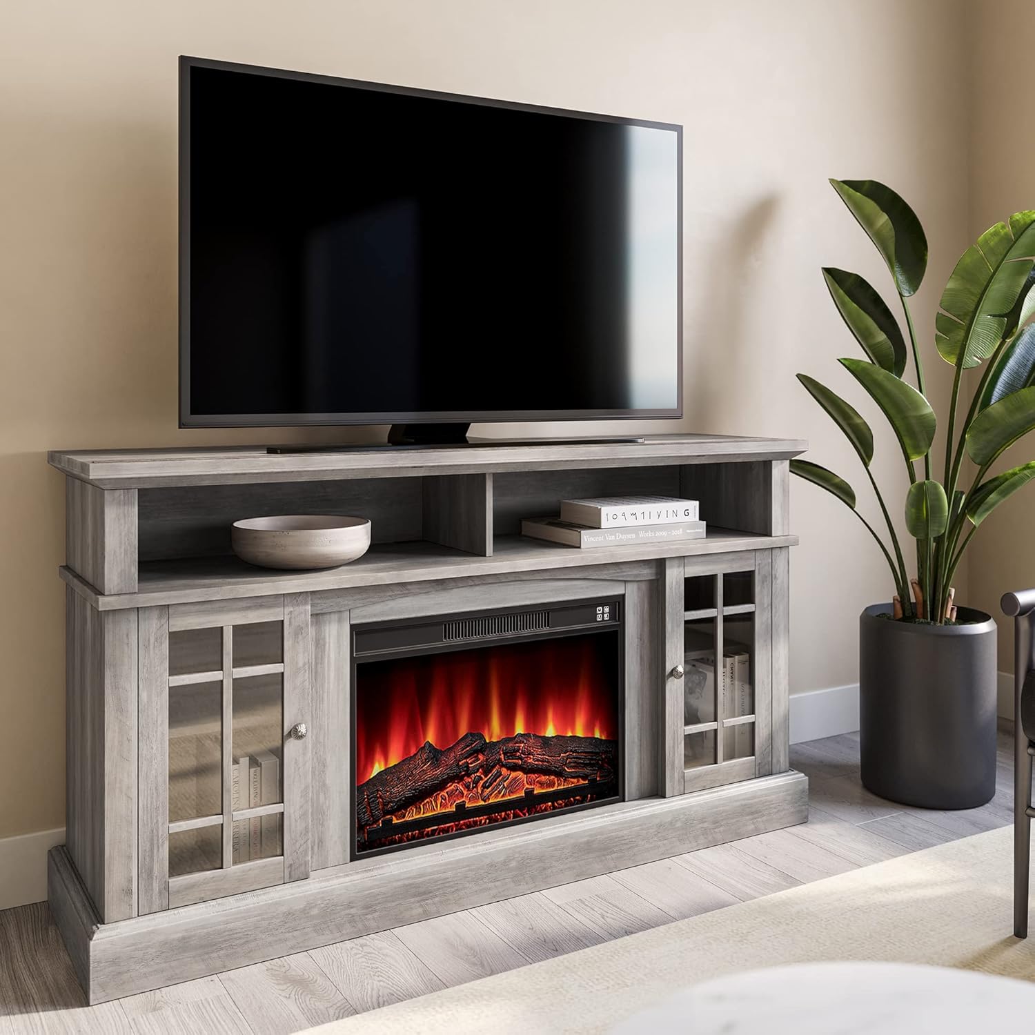 Rustic Electric Fireplace TV Stand with Open Storage Shelves & Cabinets K260