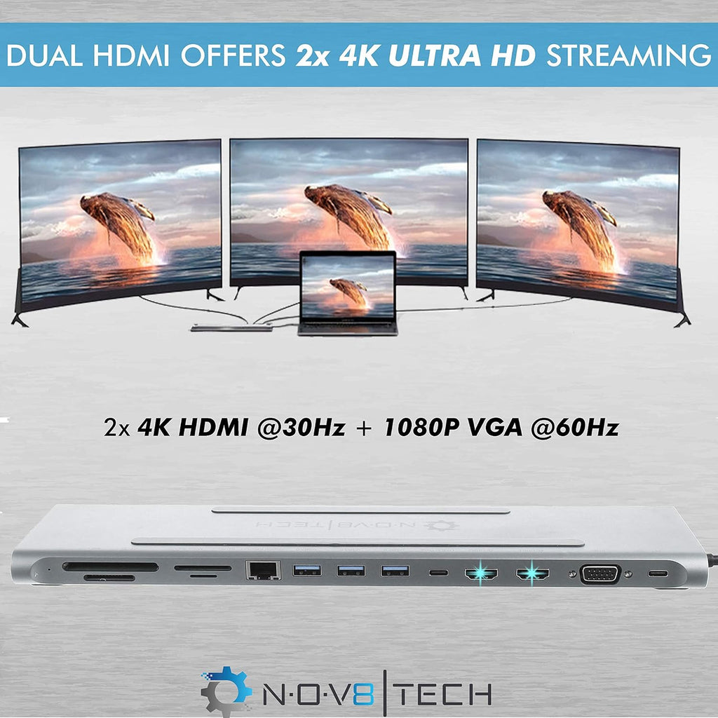 USB C Laptop Docking Station, 14in1 Triple Display 2 HDMI & VGA, 100W USB-C PD, Gigabit Ethernet, 2X USB 3, Card Reader, Audio G378843