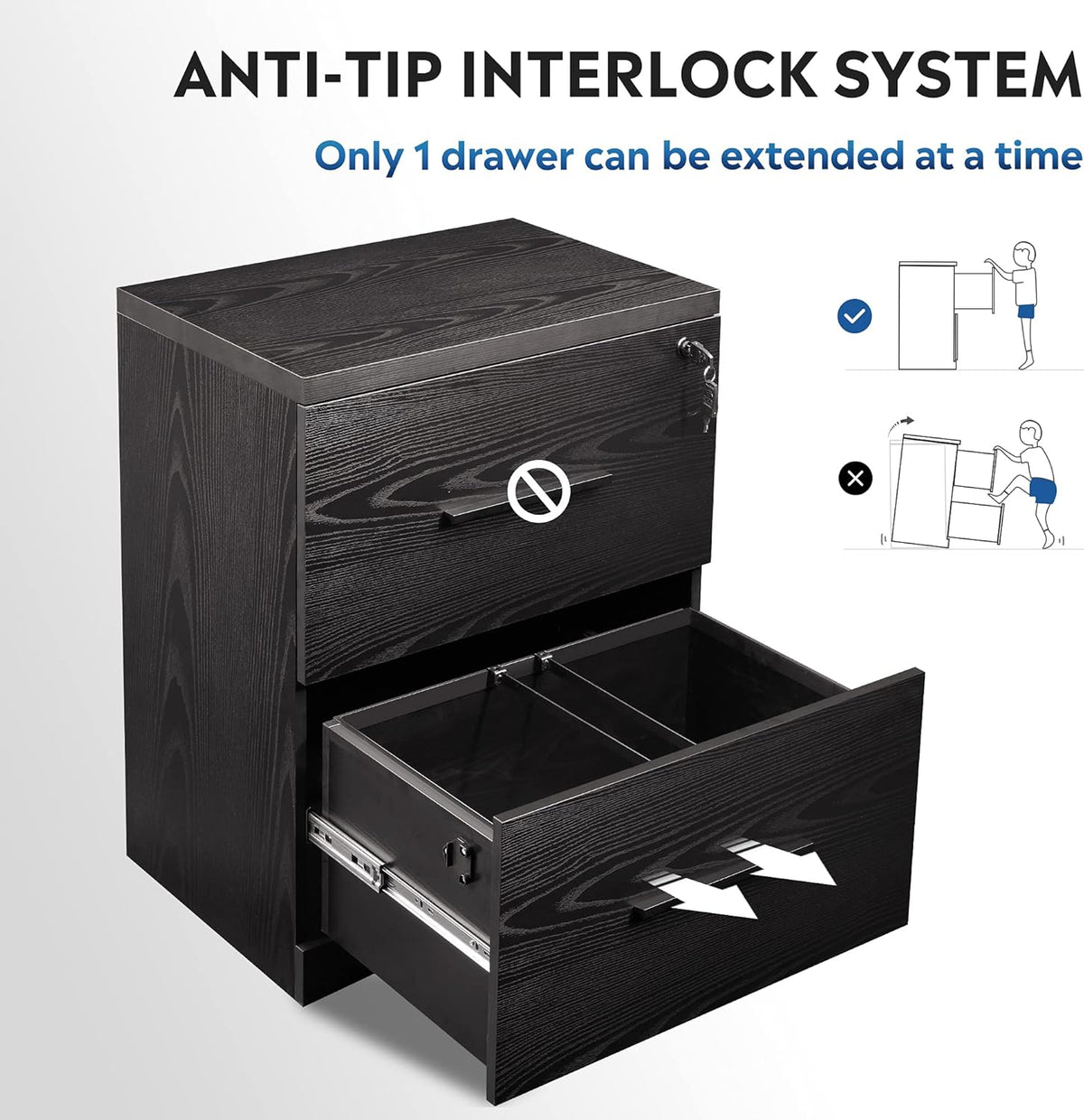 Black 2-Drawer Wood Lateral File Cabinet with Lock J2084