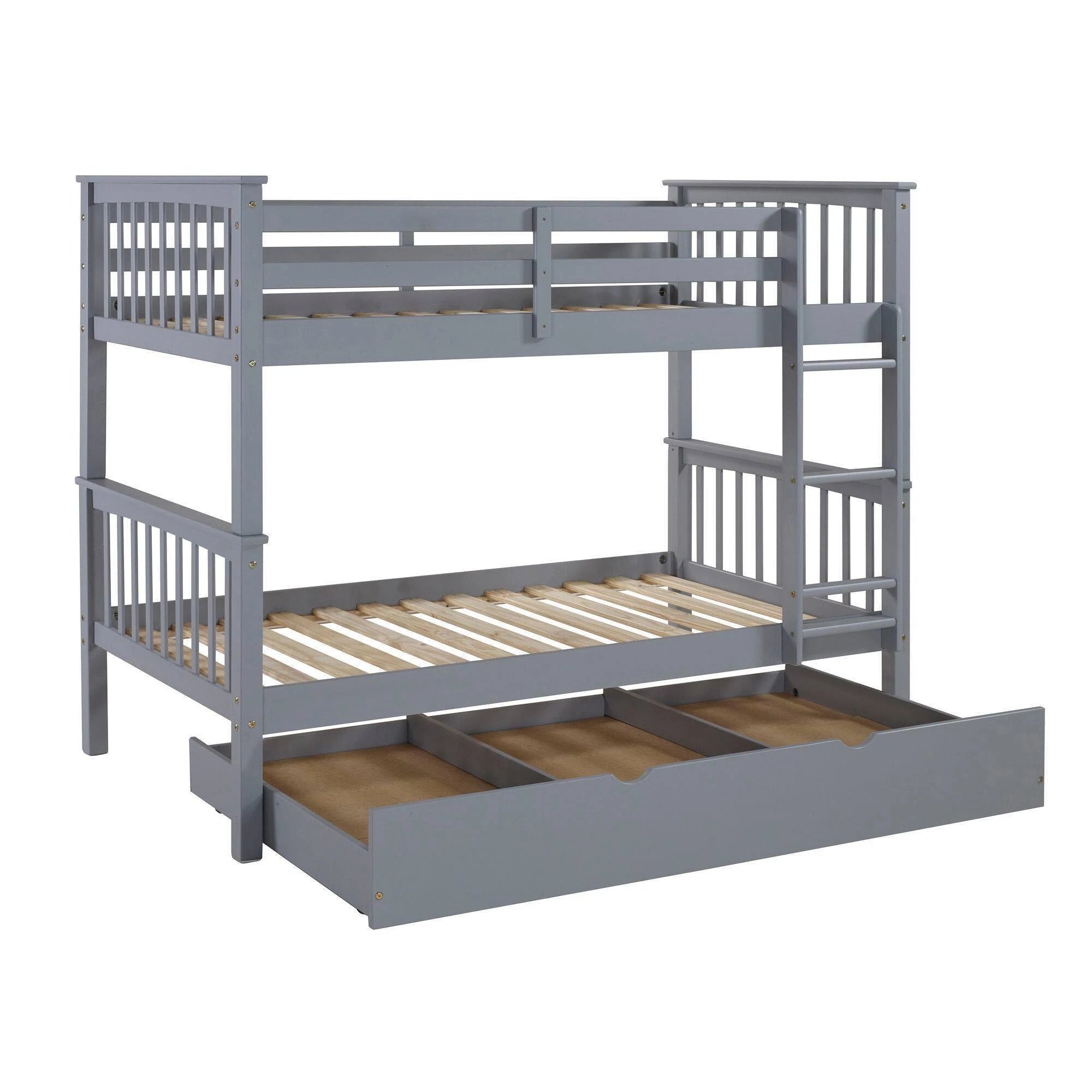 Twin Solid Wood Bunk Bed with Trundle Bed Gray B19353