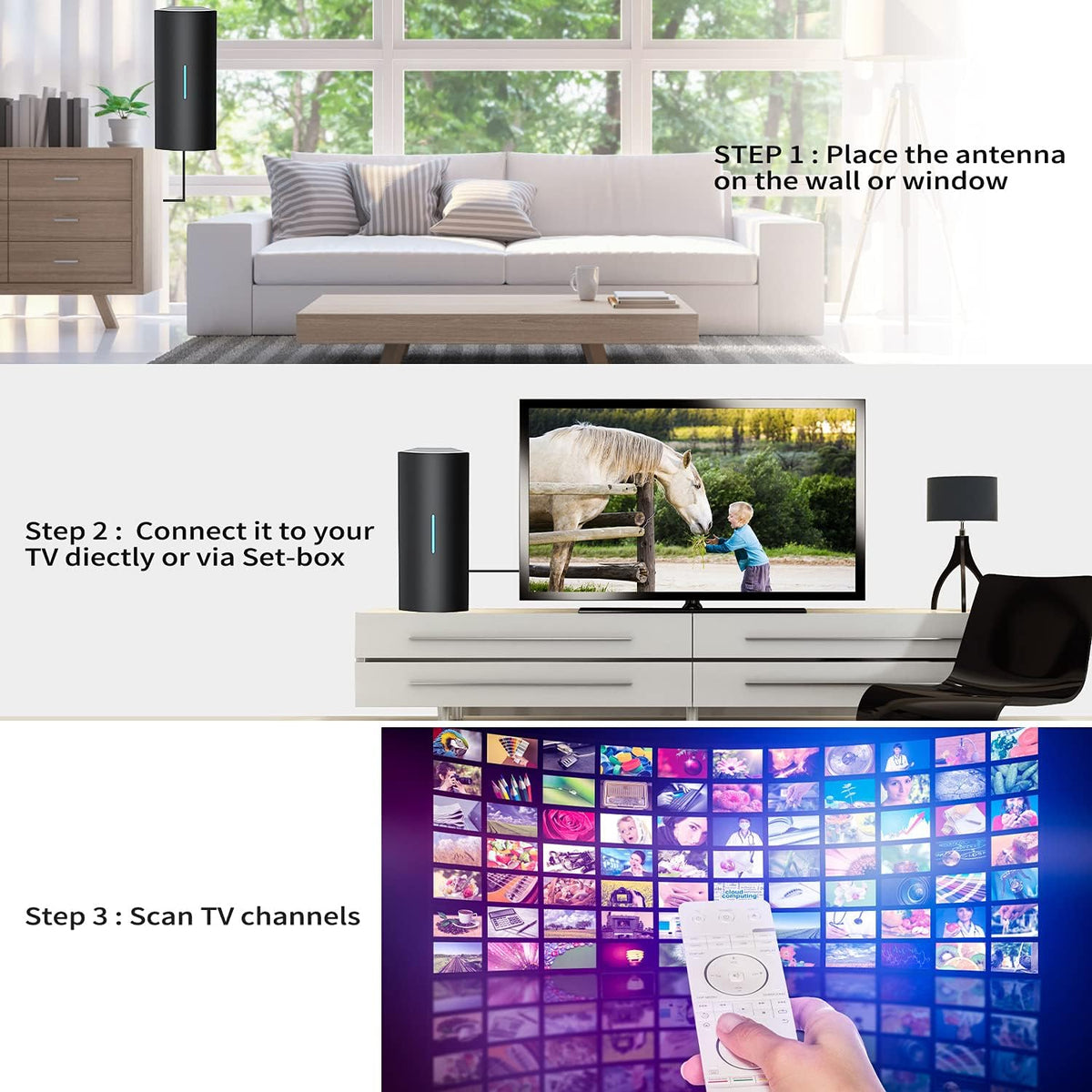 Portable Amplified Digital HDTV Antenna 420 Miles Range 360° Reception 36ft Coaxial Cable for 4K 1080p Pack of 2 J46267
