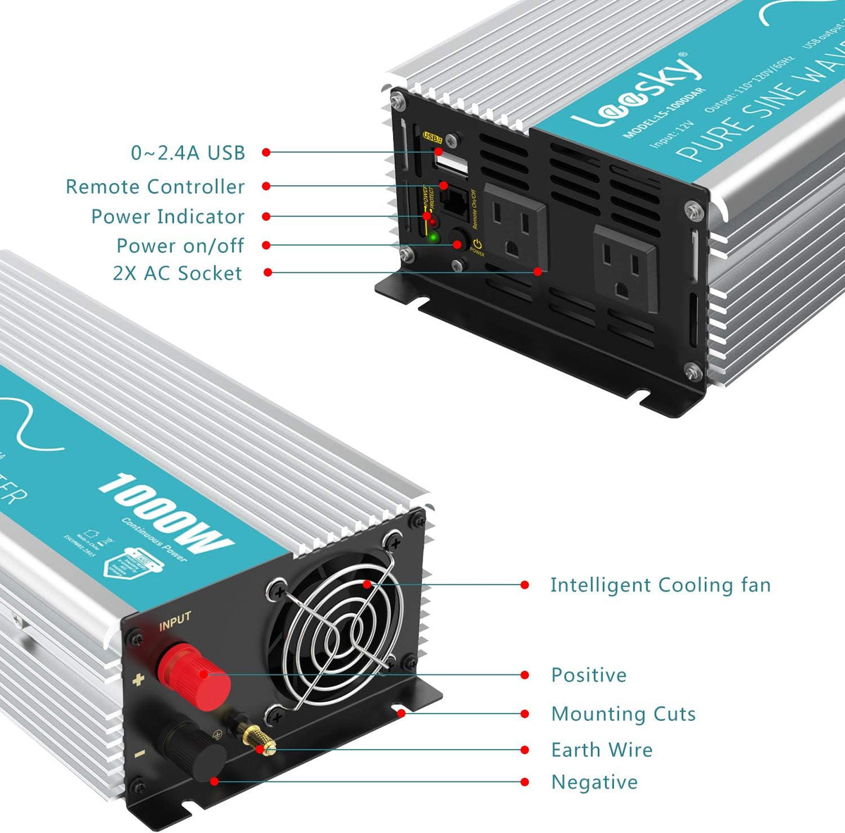 1000W Pure Sine Wave Power Inverter DC 12V to AC 110V 120V with 2.4A USB Port & 2 AC Outlets Remote Controller C493790