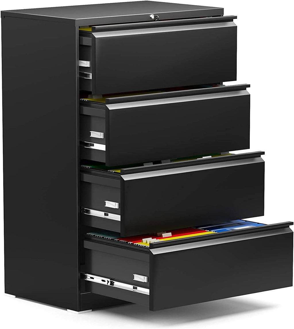 White Metal 4 Drawer Lateral Filing Cabinet with Lock Z691572