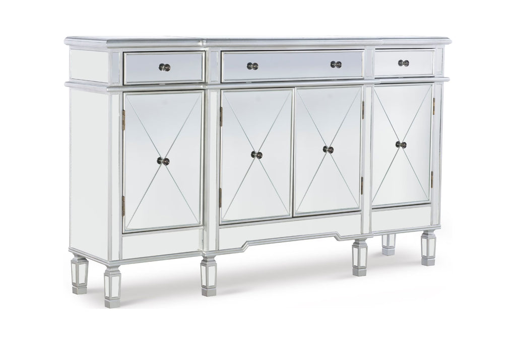 4-Door 3-Drawer Long Console Table with Shelves, Mirrored Surfaces, Silver Wood O961687