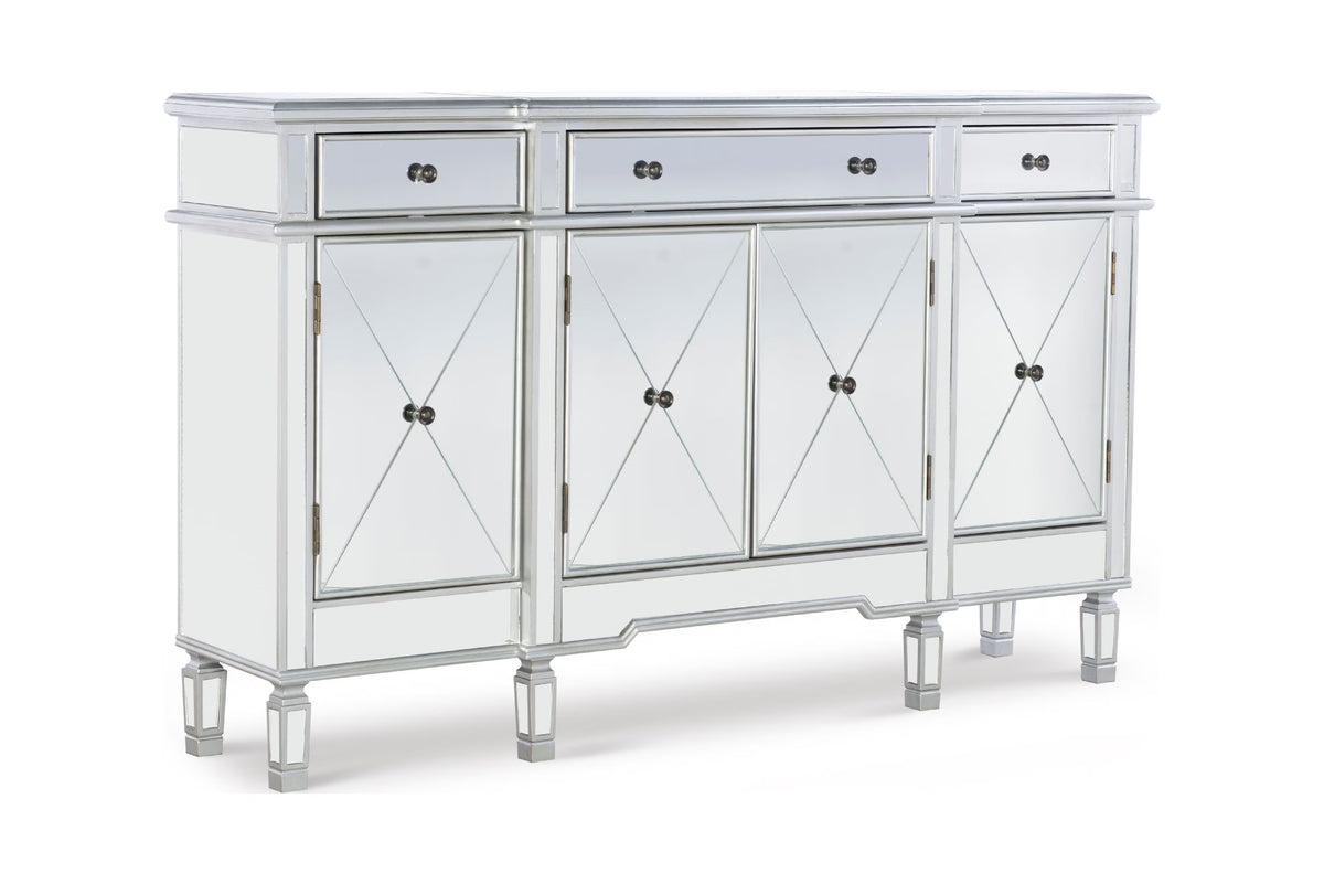 4-Door 3-Drawer Long Console Table with Shelves, Mirrored Surfaces, Silver Wood O961687