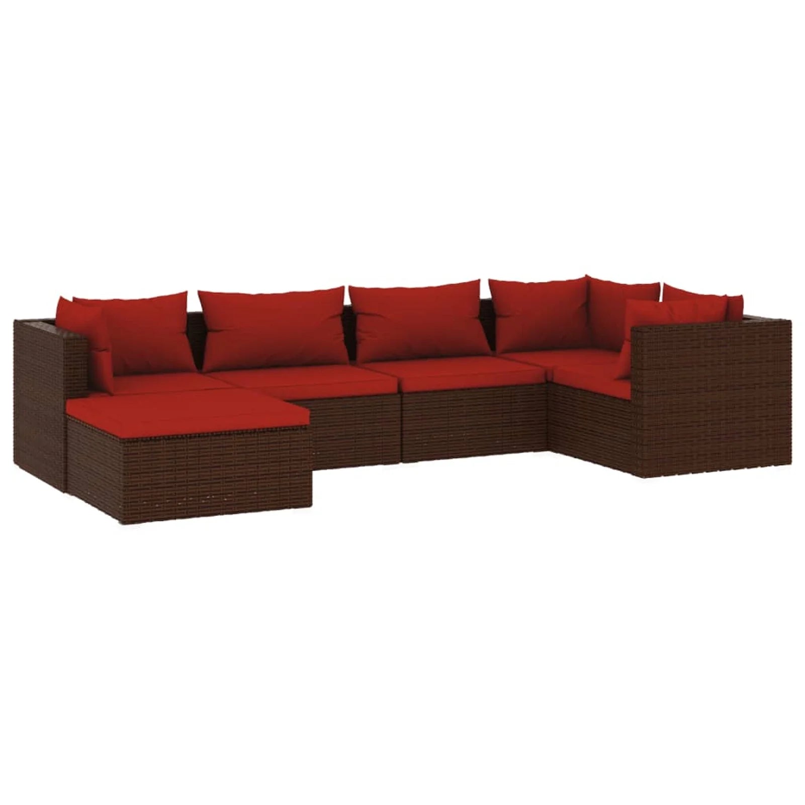 6 Piece Poly Rattan Brown Outdoor Sectional Sofa Set with Red Cushions P8168