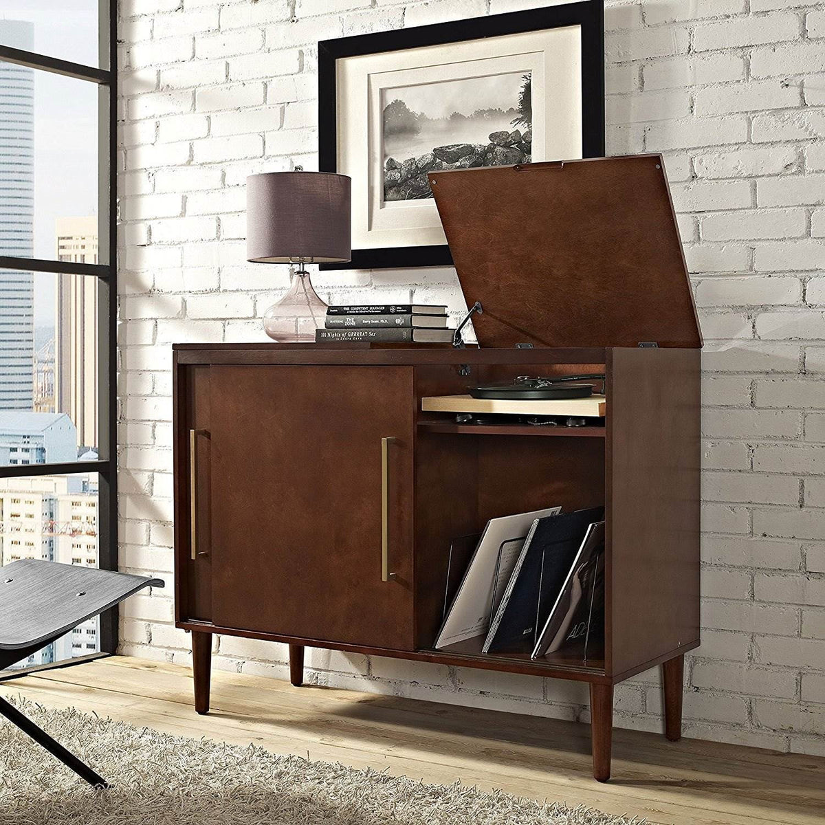 Mahogany/Gold Wood Media Console Table W3095