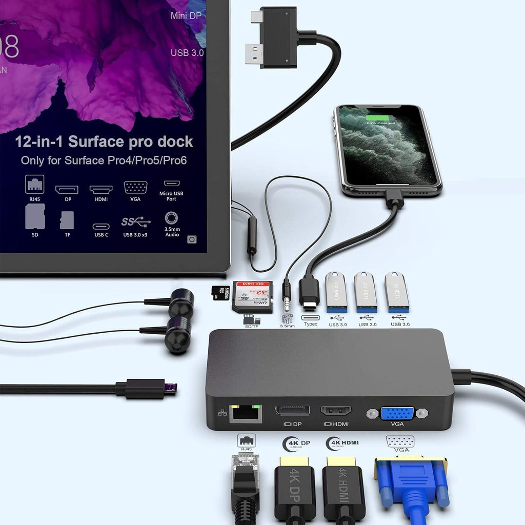 Surface Pro Dock with Gigabit Ethernet, 4K HDMI, 3xUSB 3.0, USB C, SD/TF Card Slot H297630