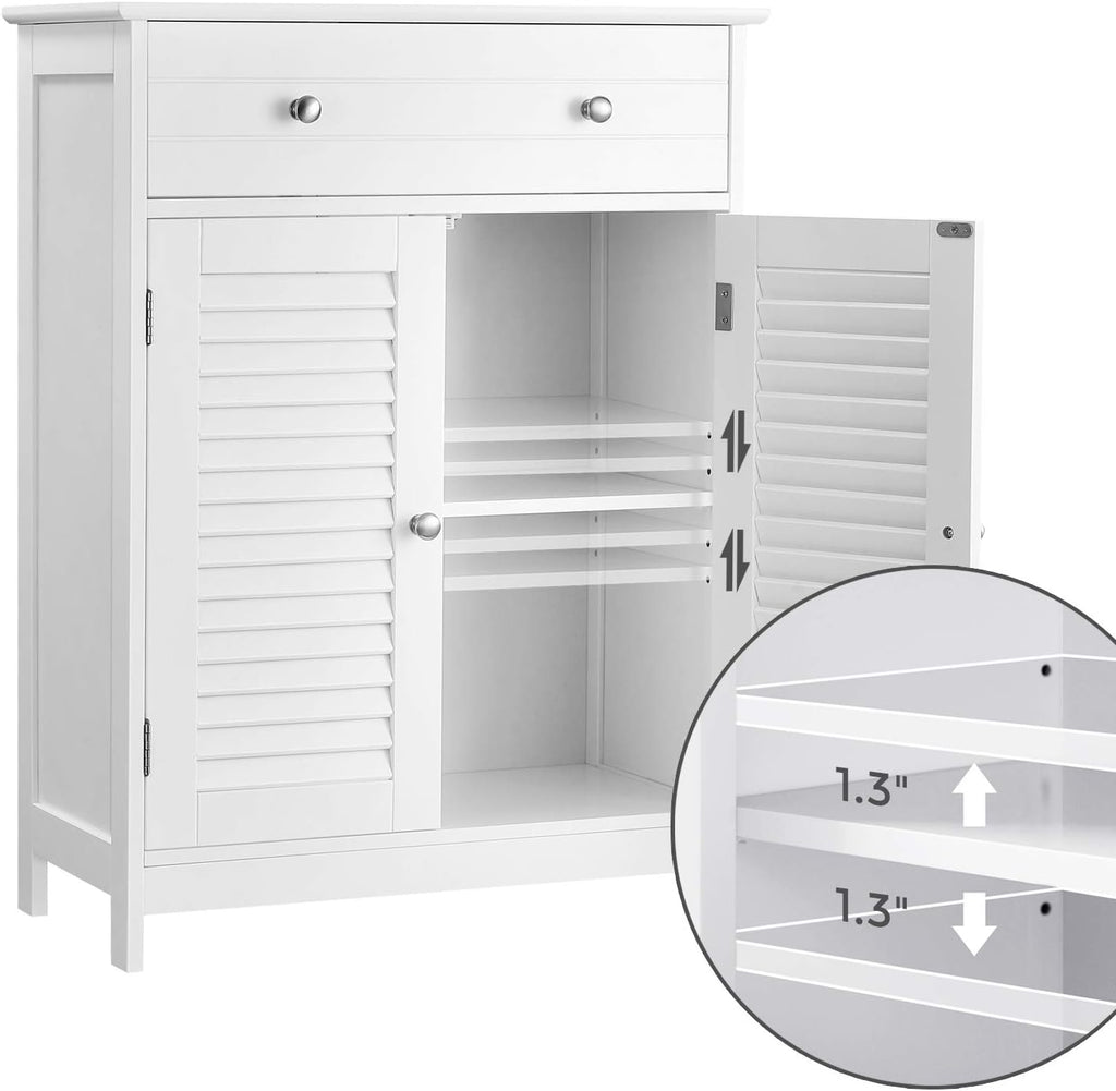 Matte White Free-Standing Bathroom Cabinet with 2 Louvered Doors and Drawer A69596