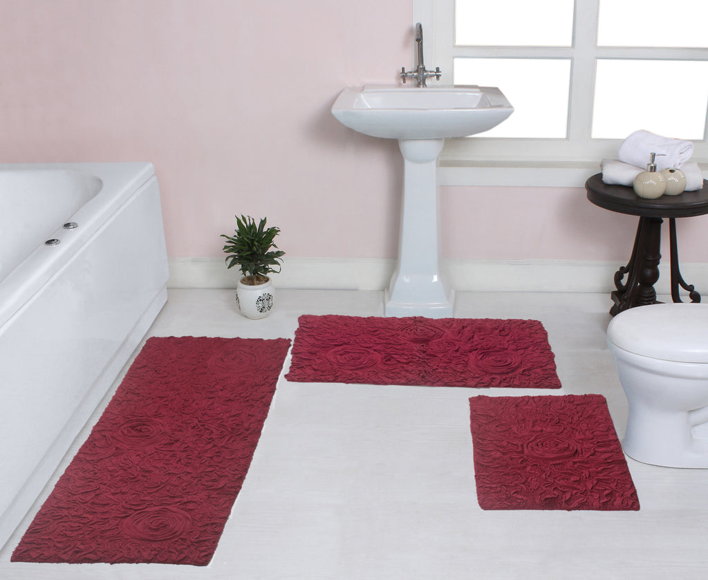 Red 3 Piece Cotton Non-Slip Bathroom Rug Set with Runner Rug E63678