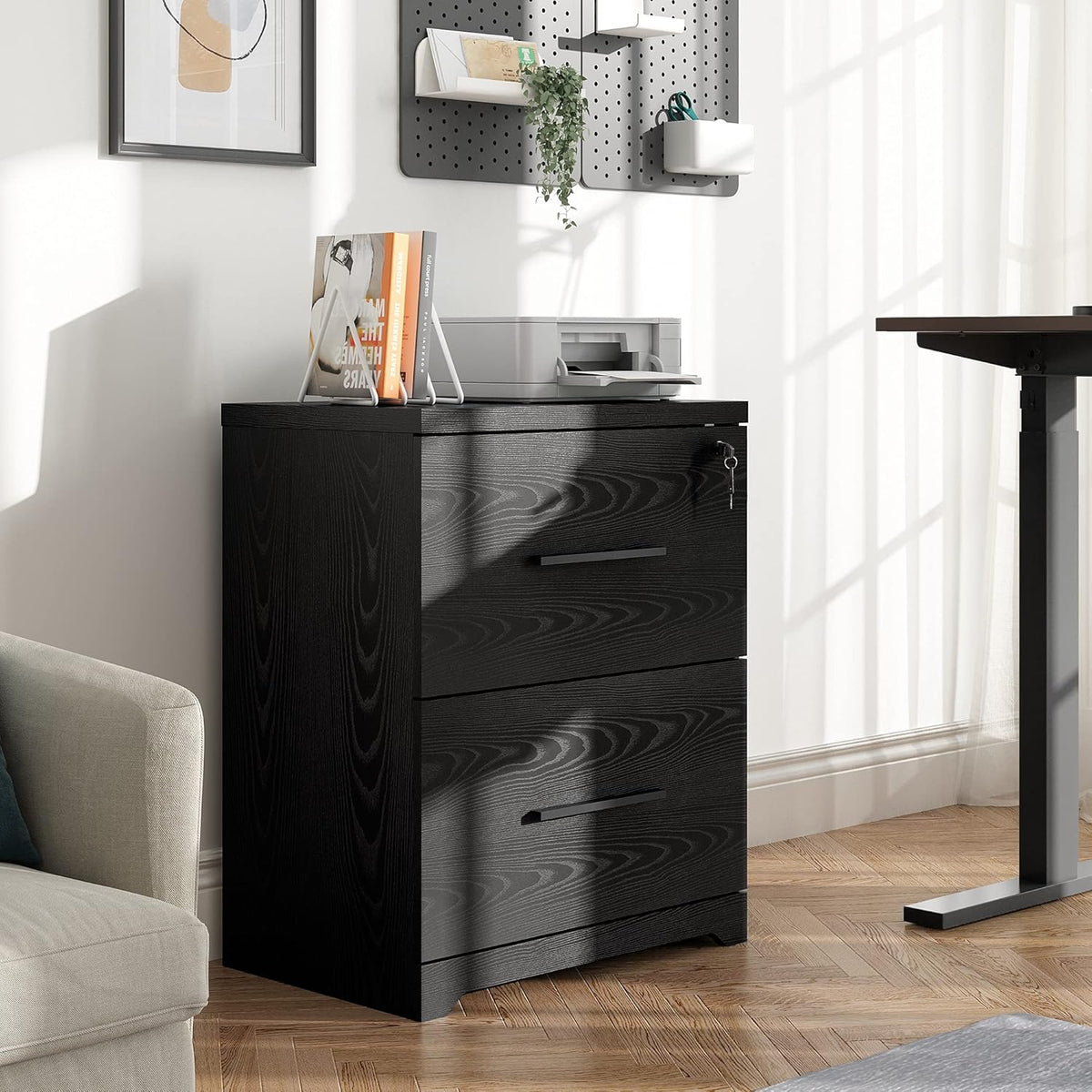 Black 2-Drawer Wood Lateral File Cabinet with Lock J2084