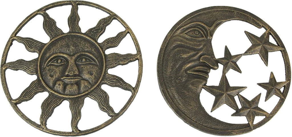 Set of 2 Antique Bronze Cast Iron Sun and Moon Wall Hanging Art Decor X1286