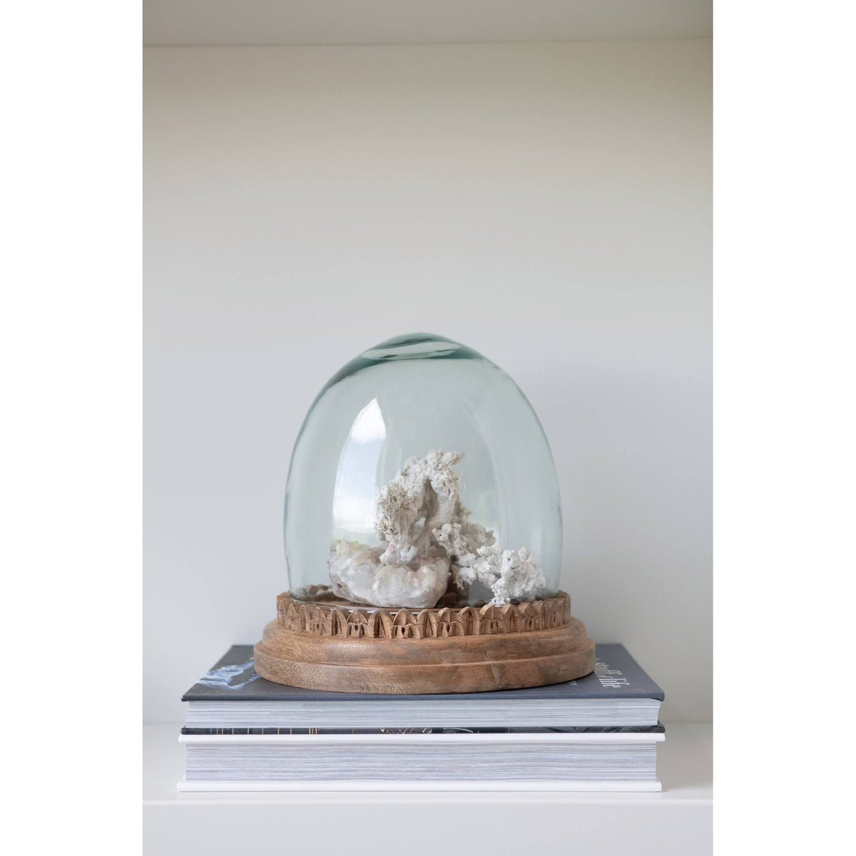 Recycled Glass Cloche on Hand-Carved Mango Wood Base, Set of 2 Pieces P62933