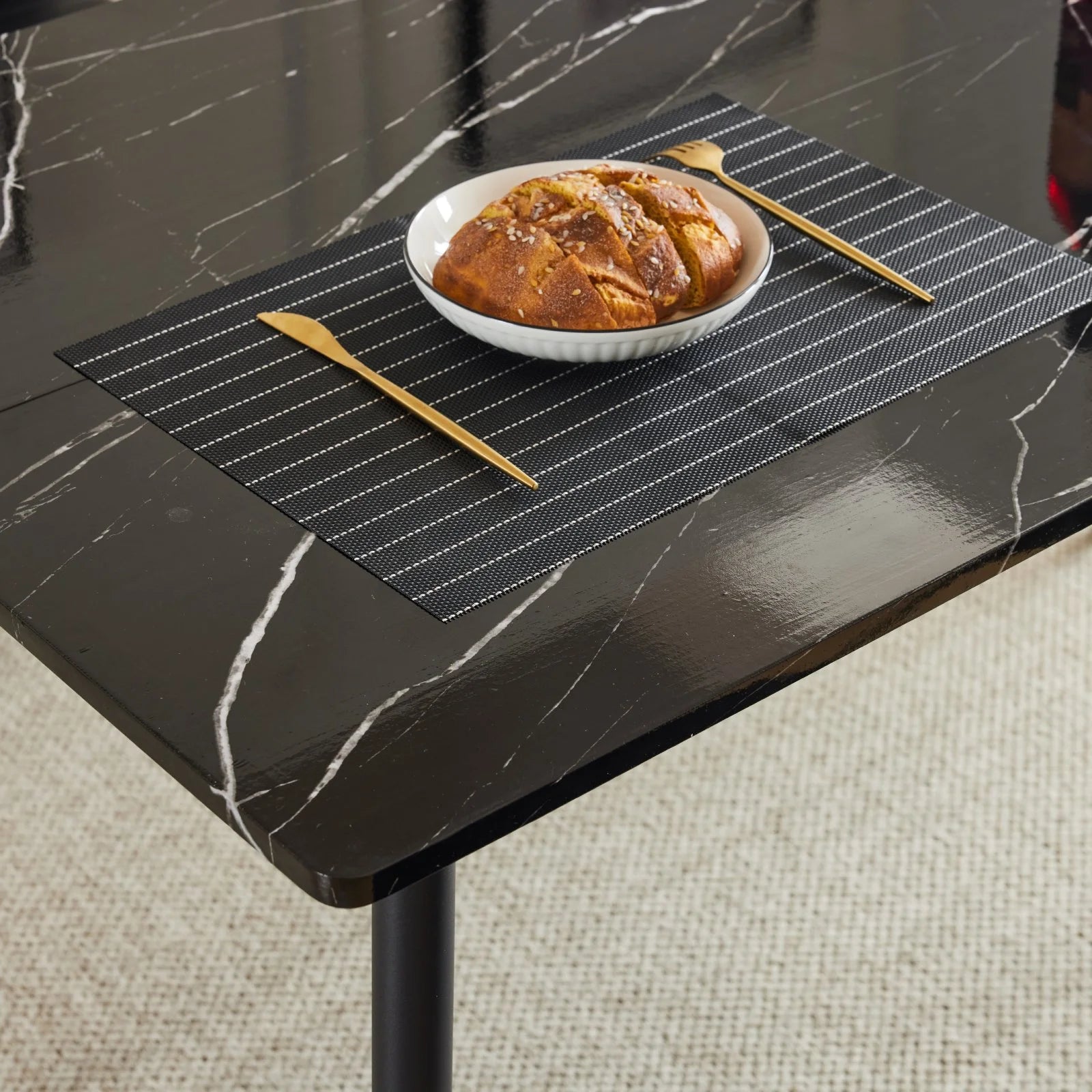 55" Black Faux Marble Dining Table Set with PU Chairs I268532
