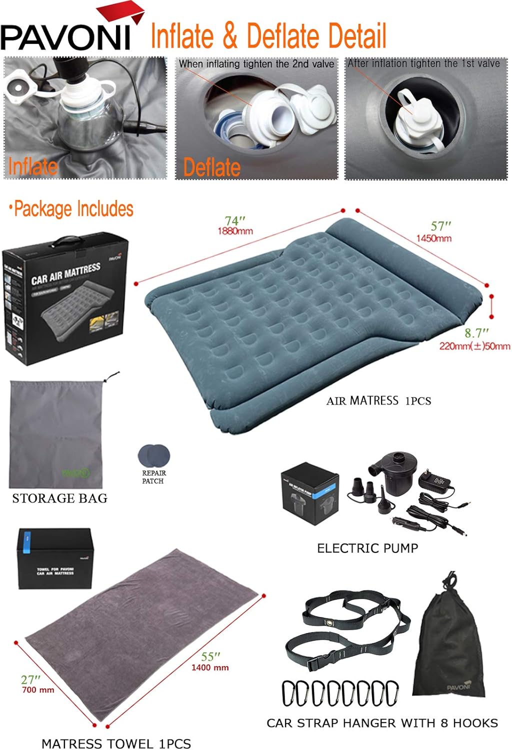 Car Inflatable Air Camping Mattress Pad with Electric Mattress Pump, Towel, Repair Patches & Storage Bag Y966453