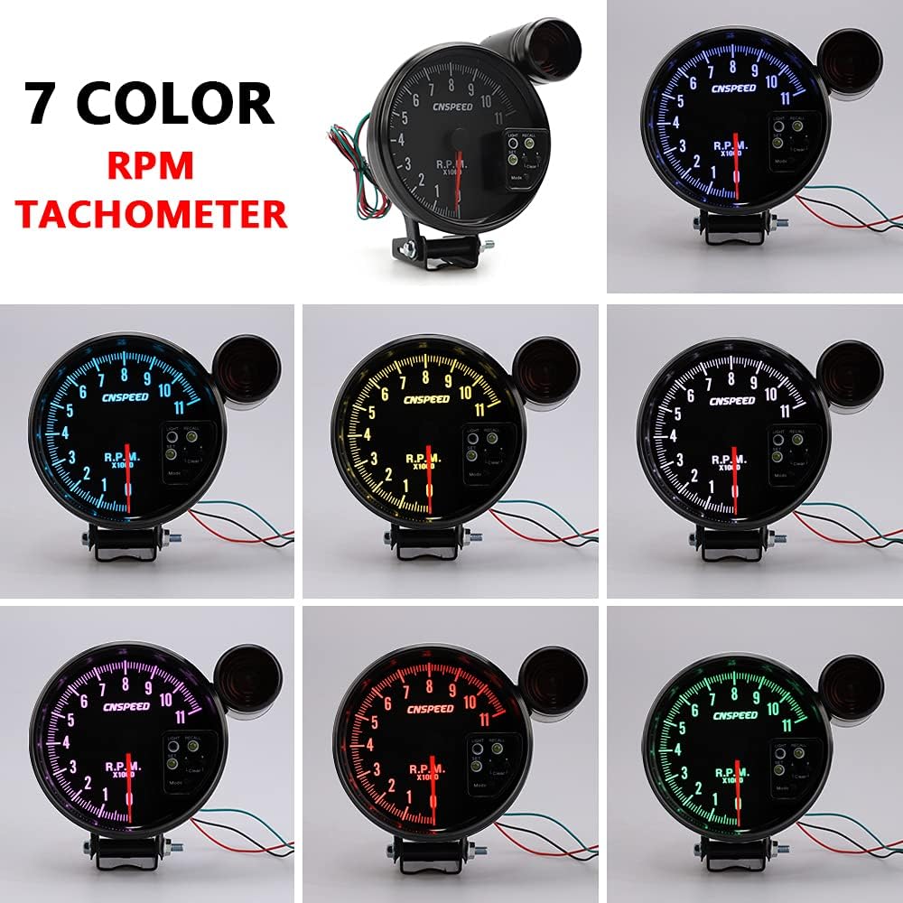 5 inch 7 Color LED 11K 12V RPM Tachometer Rev Counter Gauge with Red Shift Light Black Face Universal Sport Meter Kit Pack of 2 T45793