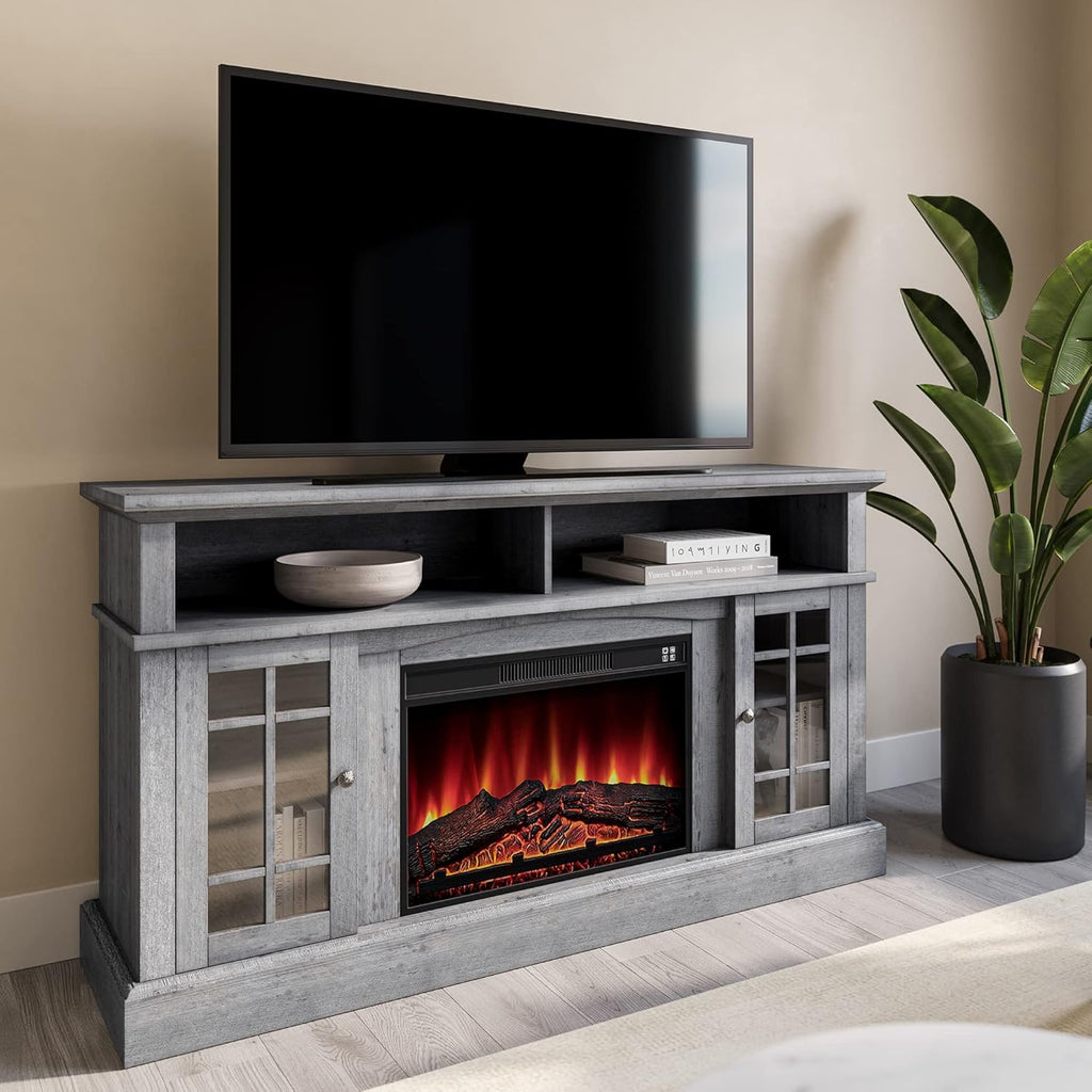 Rustic Electric Fireplace TV Stand with Open Storage Shelves & Cabinets K260