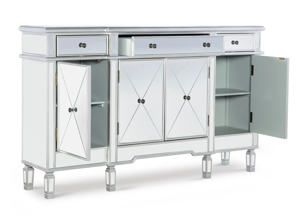 4-Door 3-Drawer Long Console Table with Shelves, Mirrored Surfaces, Silver Wood O961687