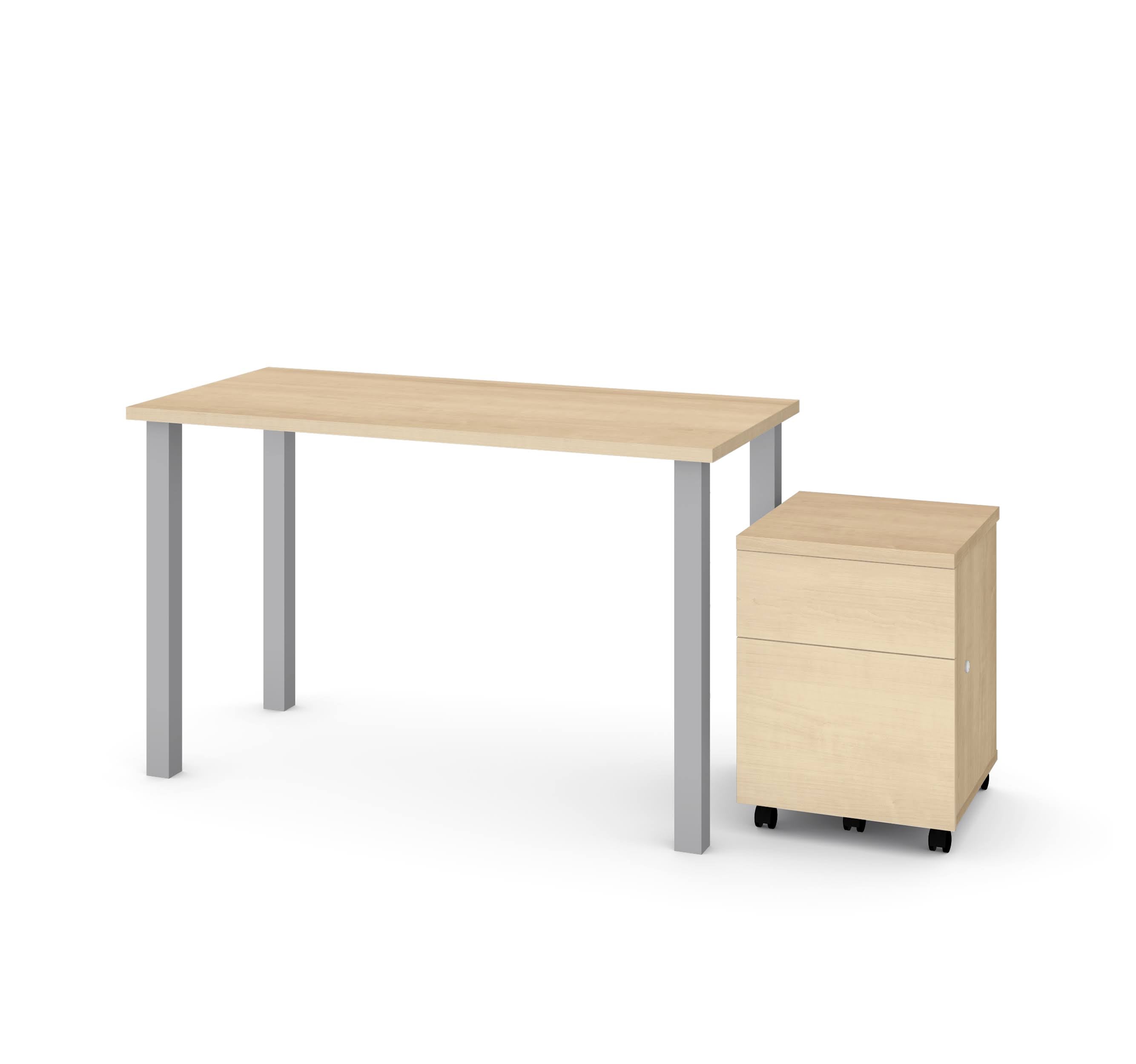 2 Piece Table with Square Metal Legs and Mobile Filing Cabinet in Northern Maple N6224