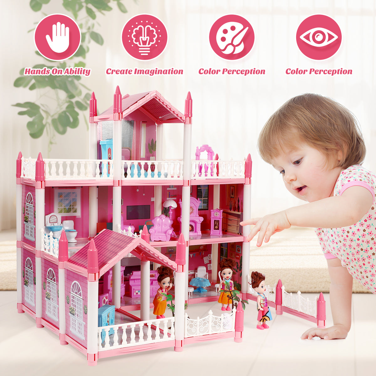 3 Stories 9 Rooms Doll House with Furniture Accessories A63068
